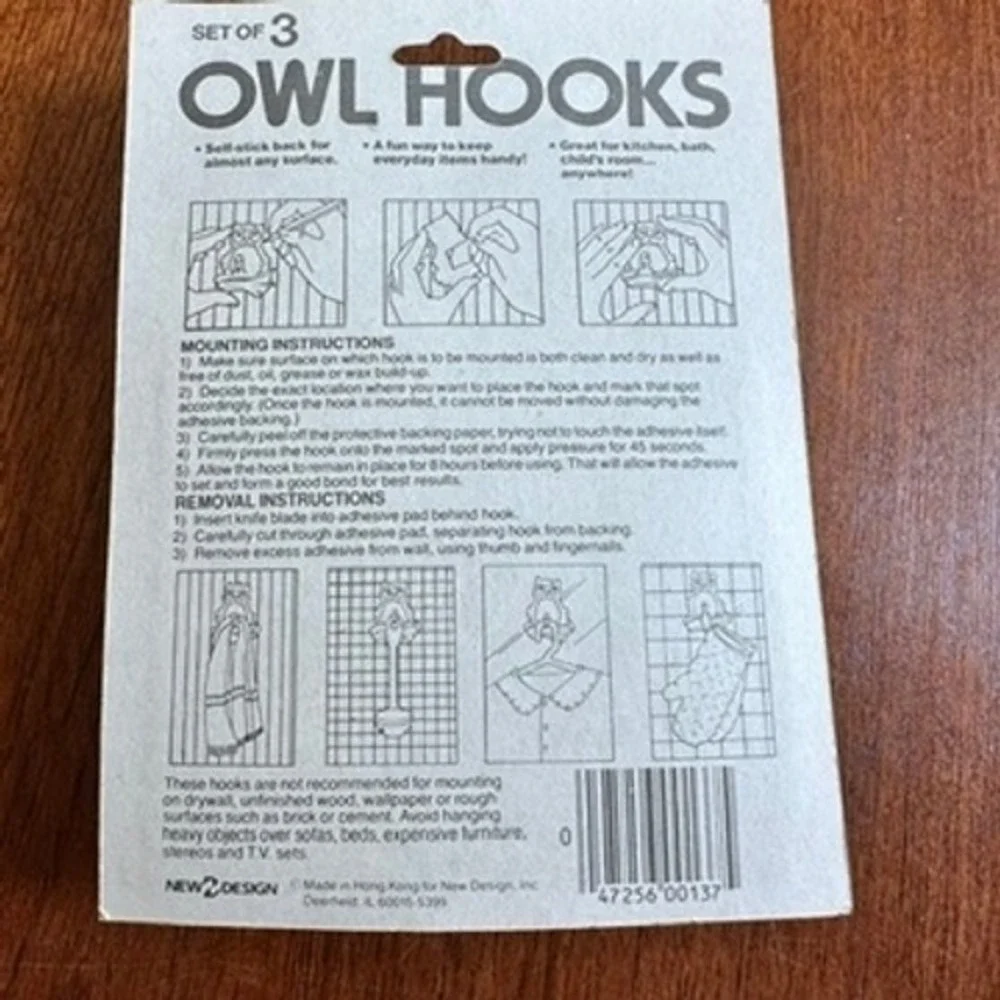 New Design Vintage Owl Hooks Set of 3 Brown Red Self-Stick Adhesive Wall Hangers